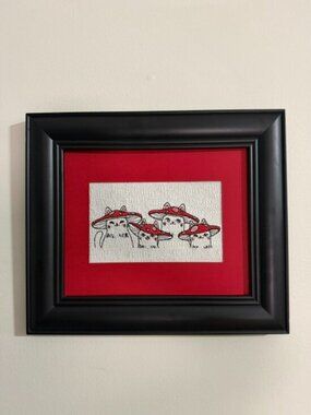 Homemade Black & Red Mushroom Cat Framed Embroidery Art